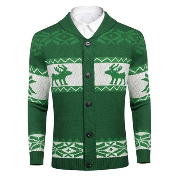 Merry Christmas Fair Isle Reindeer Shawl Collar Button Up Men Knit Cardigan