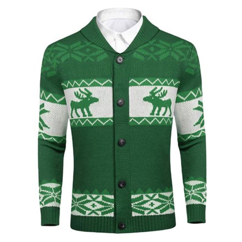 Merry Christmas Fair Isle Reindeer Shawl Collar Button Up Men Knit Cardigan