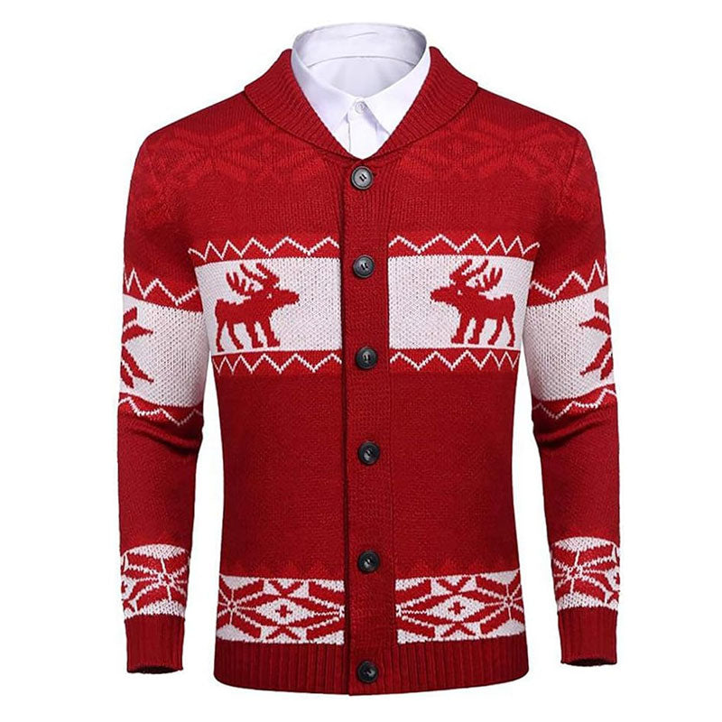 Merry Christmas Fair Isle Reindeer Shawl Collar Button Up Men Knit Cardigan