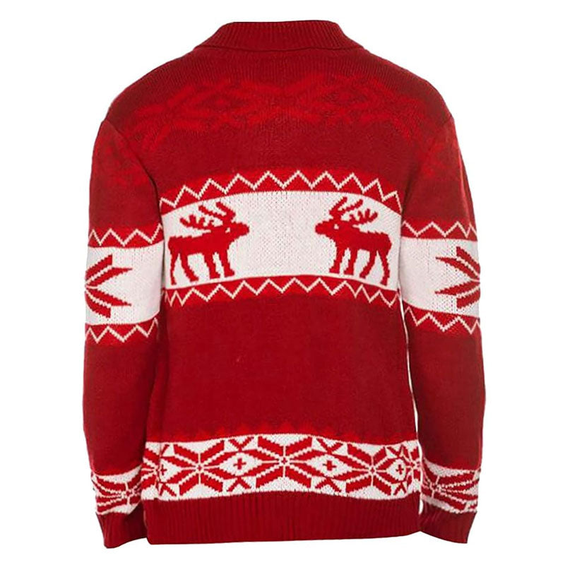 Merry Christmas Fair Isle Reindeer Shawl Collar Button Up Men Knit Cardigan