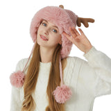 Merry Christmas Winter Faux Fur Pom Pom Earflap Elk Horn Knit Beanie