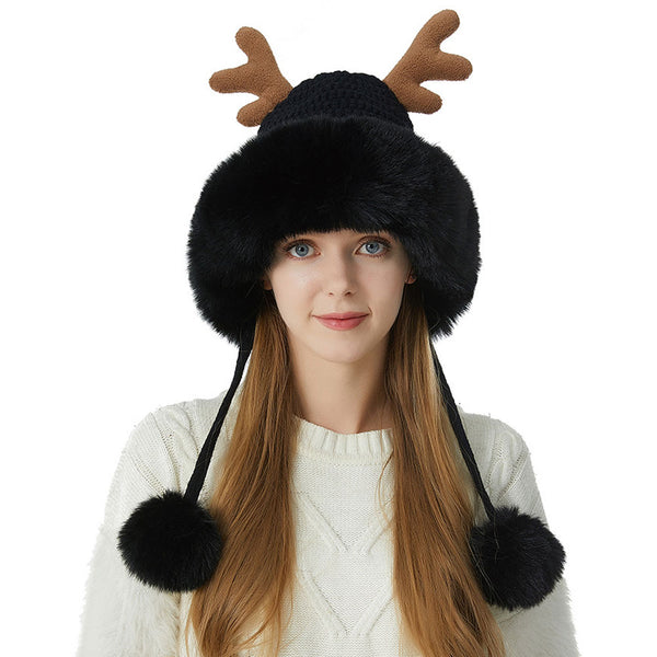 Merry Christmas Winter Faux Fur Pom Pom Earflap Elk Horn Knit Beanie