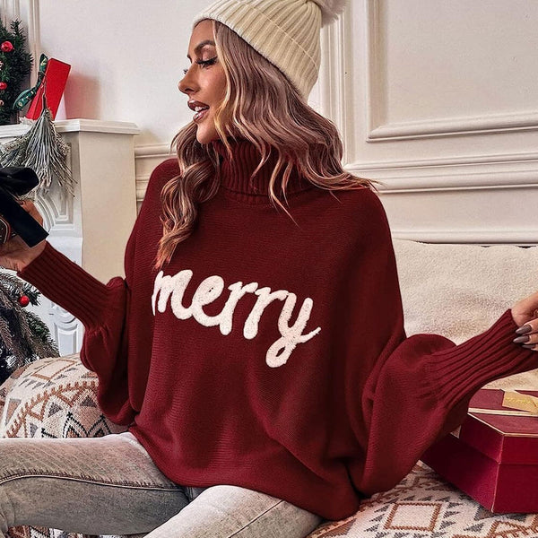 MERRY Slogan Long Sleeve Chunky Rib Knit Turtleneck Christmas Sweater