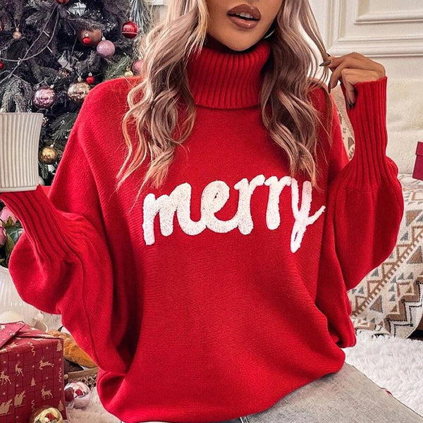 MERRY Slogan Long Sleeve Chunky Rib Knit Turtleneck Christmas Sweater