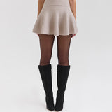 Minimalist Monochrome Banded High Waist Ribbed Knit Flared Mini Skirt