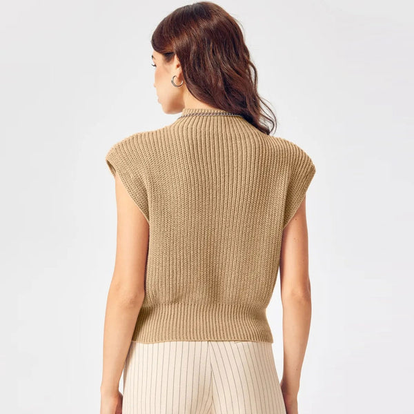 Minimalist Solid Color Mock Neck Cap Sleeve Brioche Knit Pullover Crop Sweater Vest