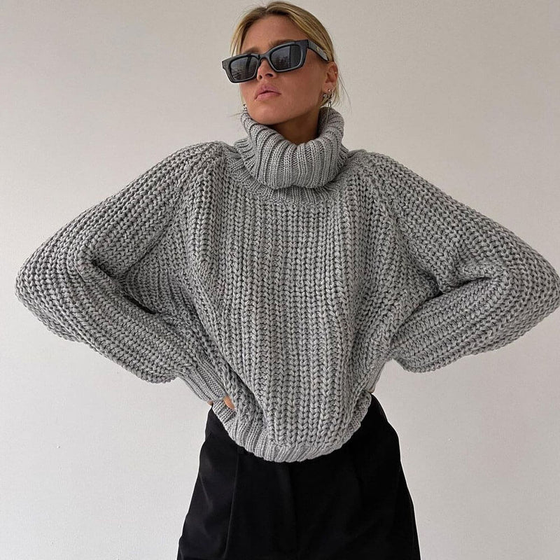 Modern Chunky Rib Knit Turtleneck Elongated Sleeve Cropped Oversized Sweater