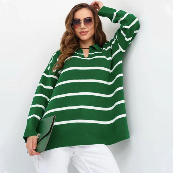 Contrast Striped Collared V Neck Drop Shoulder Split Hem Oversized Sweater
