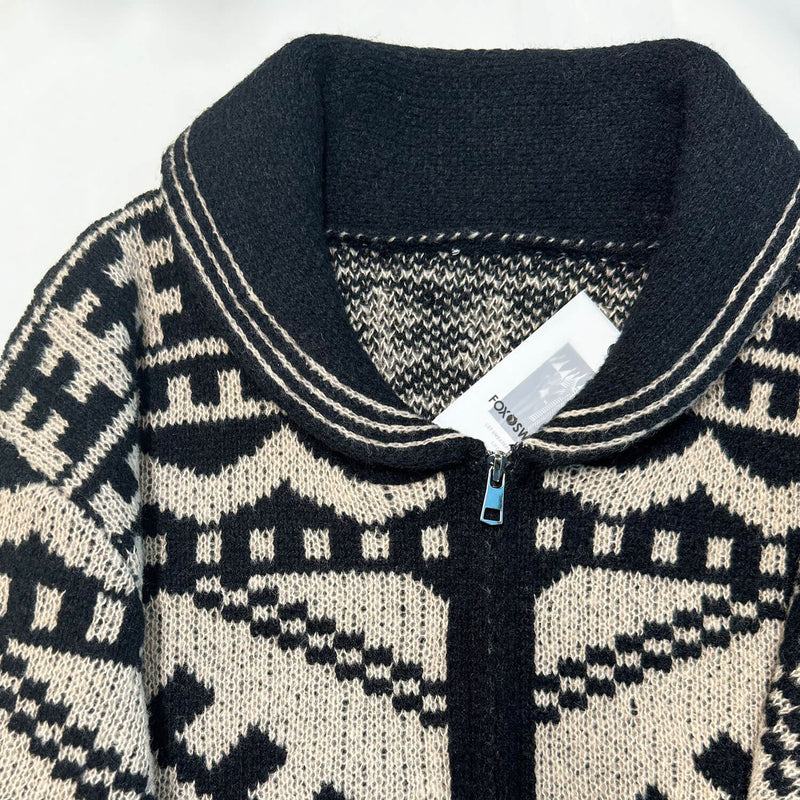 Nordic Fair Isle Jacquard Knit Stand Collar Long Sleeve Zip Up Men Winter Cardigan
