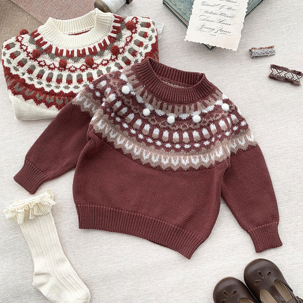 Nordic Fair Isle Pom Pom Detail Crew Neck Long Sleeve Baby Christmas Sweater