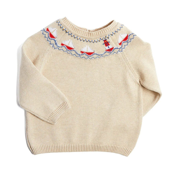 Nordic Fair Isle Sailboat Jacquard Knit Round Neck Raglan Sleeve Kids Pullover Sweater
