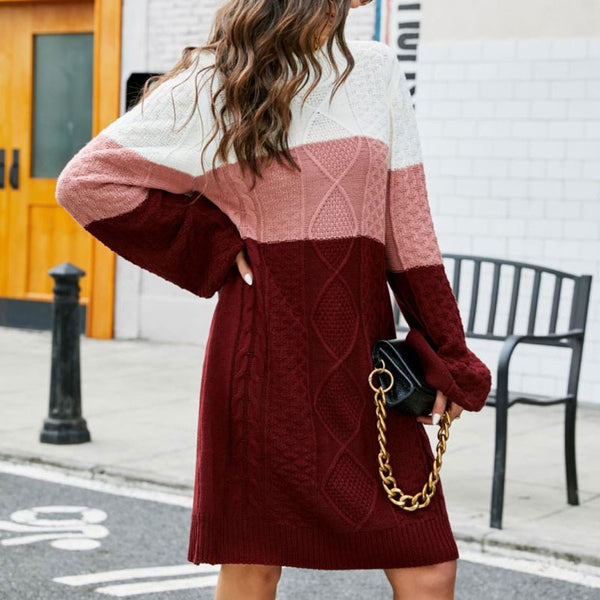 Nordic Roll Neck Bishop Sleeve Fisherman Cable Knit Winter Sweater Mini Dress