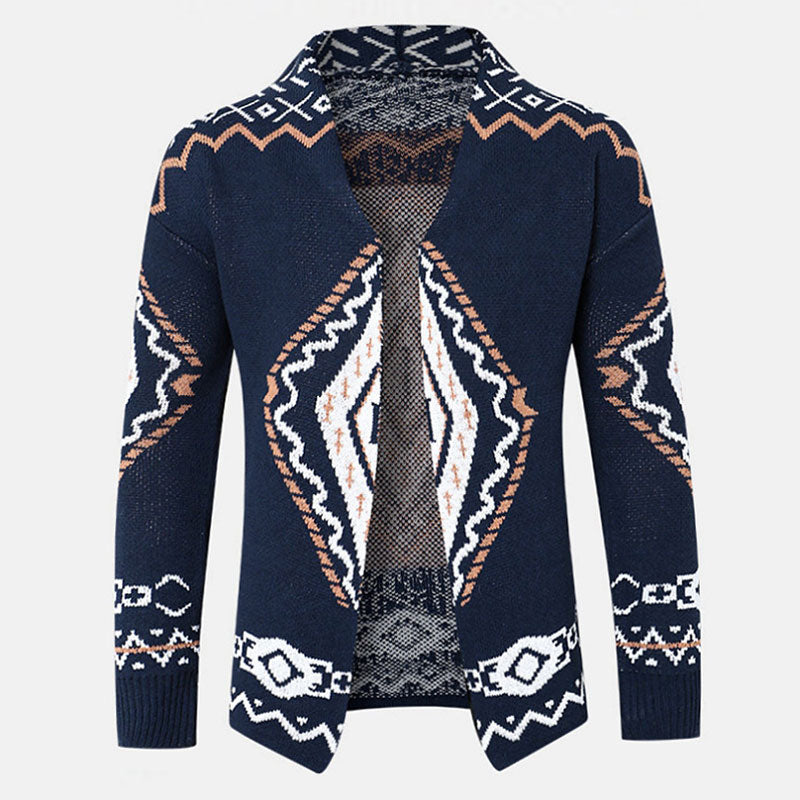 Nordic Shawl Collar Open Front Geometric Jacquard Men Winter Knit Long Cardigan