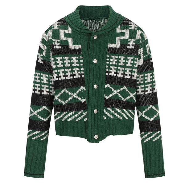 Nordic Style Rib Knit Shawl Collar Button Up Men Winter Geometric Cardigan