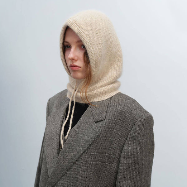 Nordic Style Wool Blend Ribbed Winter Drawstring Balaclava Knit Hat