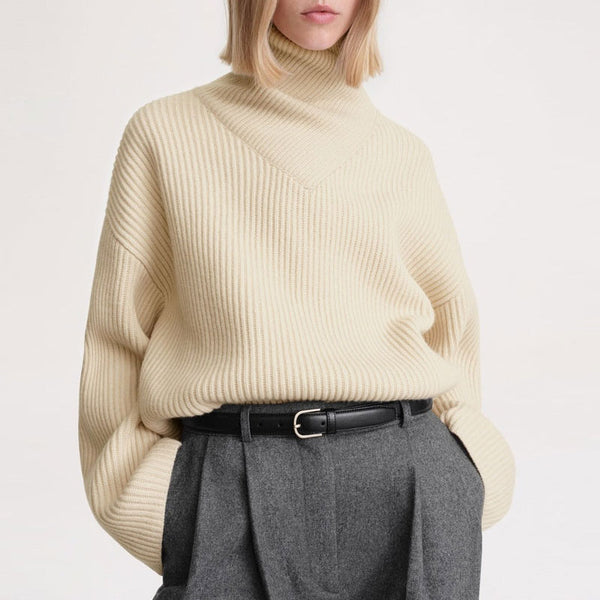 Nordic Wrap Neck Drop Shoulder Chunky Ribbed Knit Oversized Wool Sweater