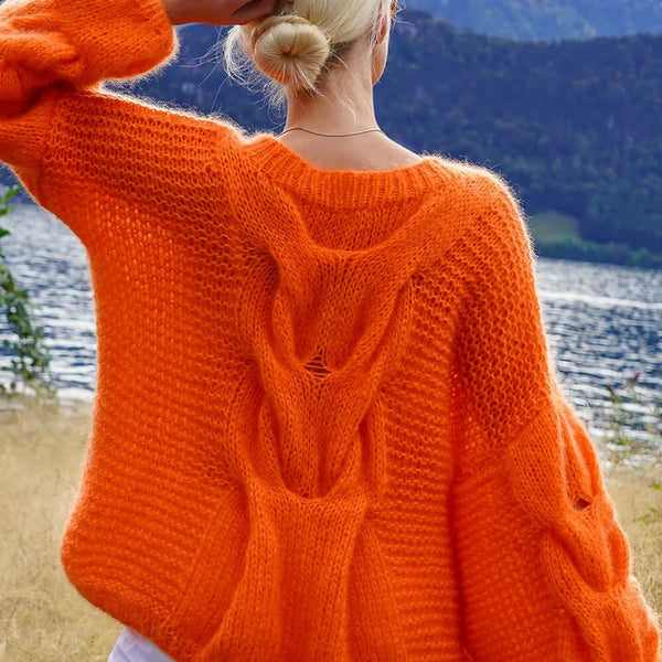 Oversized Boat Neck Bishop Sleeve Hand Made Chunky Crochet Cable Knit Mohair Sweater