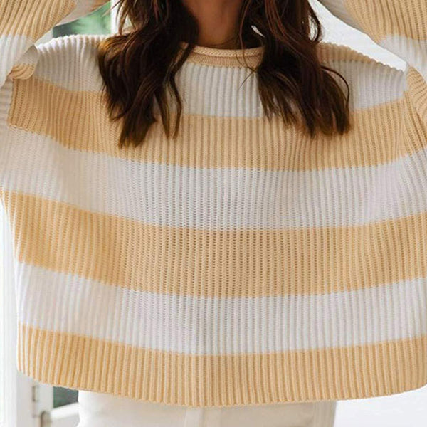 Oversized Contrast Striped Print Brioche Rib Knit Roll Trim Round Neck Drop Shoulder Sweater