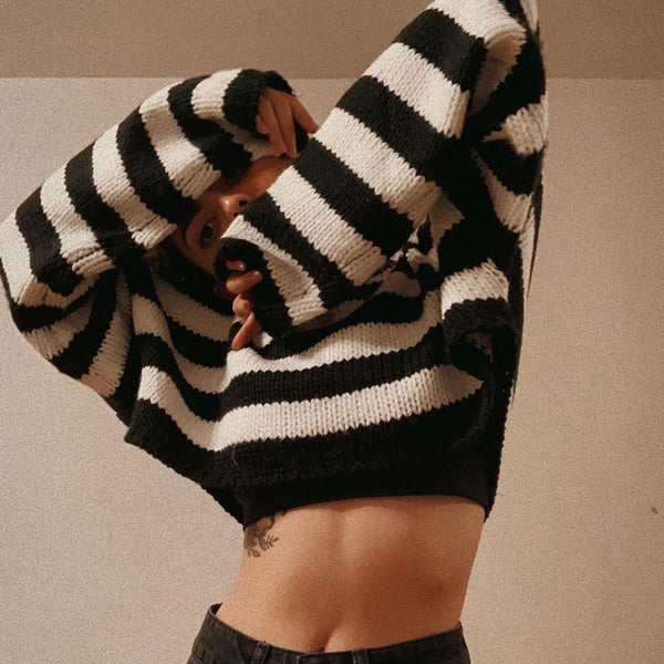 Oversized Crew Neck Long Sleeve Drop Shoulder Crop Black and White Sweater