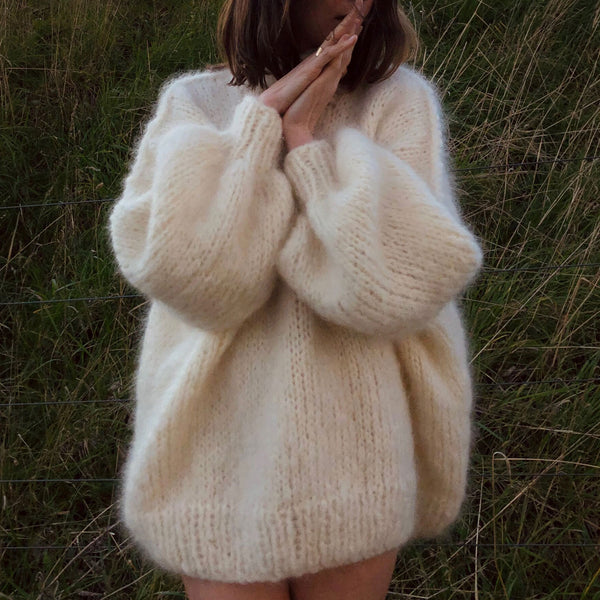 Oversized High Neck Drop Shoulder Handmade Chunky Knit Sweater