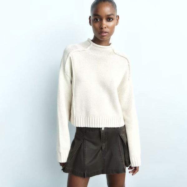 Oversized Reverse Seam Inside Out Mock Long Sleeve Cropped Knit Sweater