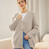 Oversized Solid V Neck Drop Shoulder Button Up Ribbed Knit Cardigan
