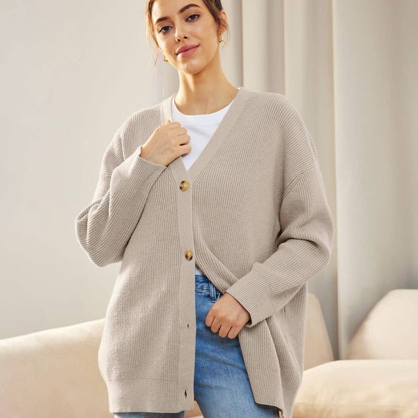 Oversized Solid V Neck Drop Shoulder Button Up Ribbed Knit Cardigan