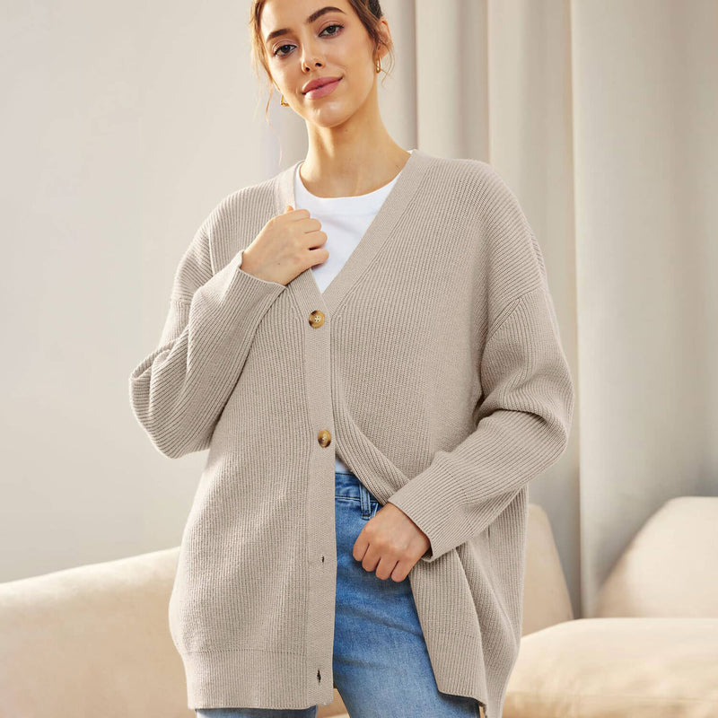 Oversized Solid V Neck Drop Shoulder Button Up Ribbed Knit Cardigan