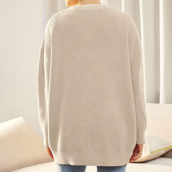 Oversized Solid V Neck Drop Shoulder Button Up Ribbed Knit Cardigan