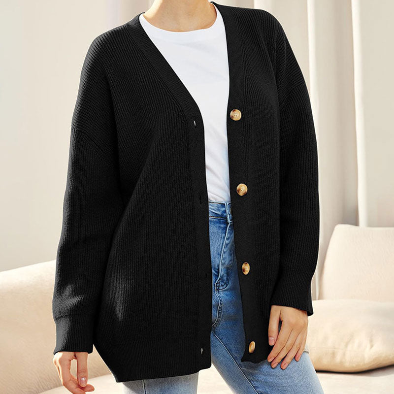 Oversized Solid V Neck Drop Shoulder Button Up Ribbed Knit Cardigan
