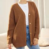 Oversized Solid V Neck Drop Shoulder Button Up Ribbed Knit Cardigan