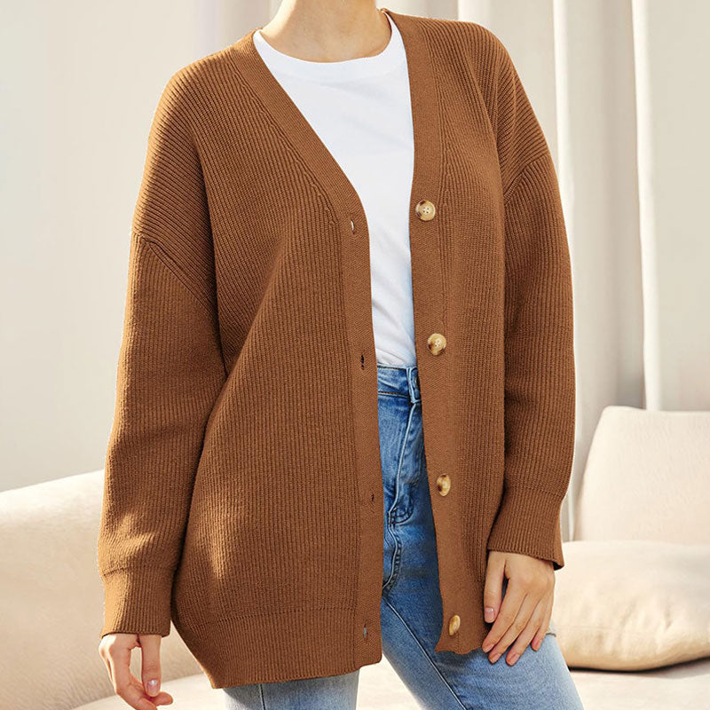 Oversized Solid V Neck Drop Shoulder Button Up Ribbed Knit Cardigan