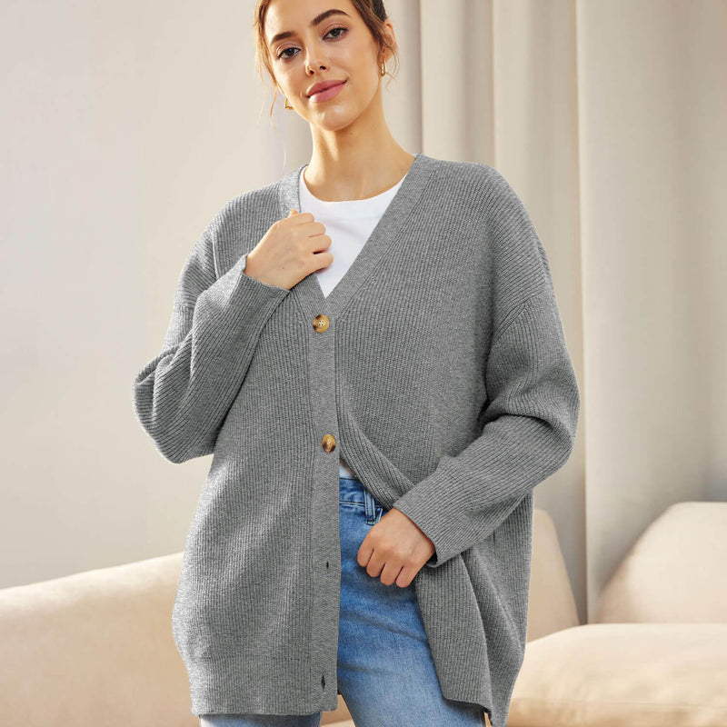 Oversized Solid V Neck Drop Shoulder Button Up Ribbed Knit Cardigan