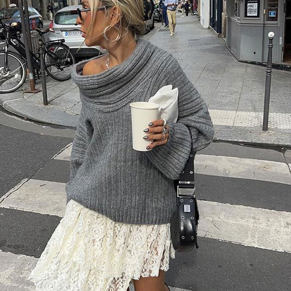 Oversized Funnel Neck Drop Shoulder Long Sleeve Chunky Knit Pullover Sweater