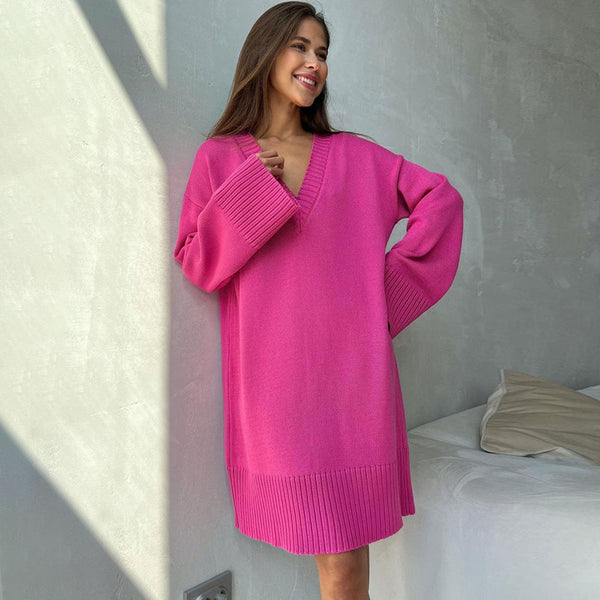 Preppy Chunky Rib Knit Deep V Neck Long Sleeve Oversized Sweater Mini Dress