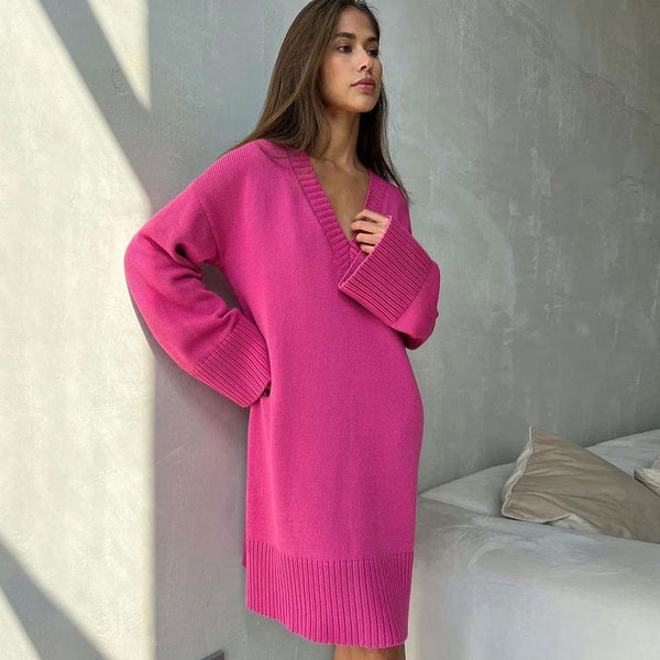 Preppy Chunky Rib Knit Deep V Neck Long Sleeve Oversized Sweater Mini Dress