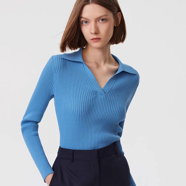 Preppy Collared V Neck Long Sleeve Rib Knit Bodycon Pullover Sweater