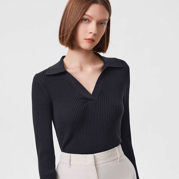 Preppy Collared V Neck Long Sleeve Rib Knit Bodycon Pullover Sweater