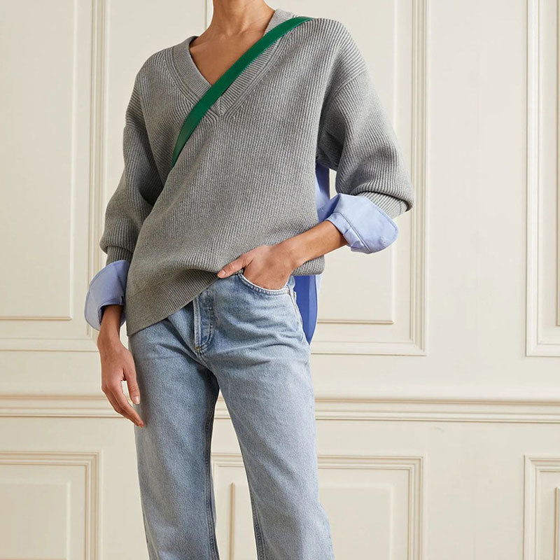 Preppy Rib Knit V Neck Long Sleeve Contrast Layered Pullover Sweater
