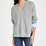 Preppy Rib Knit V Neck Long Sleeve Contrast Layered Pullover Sweater