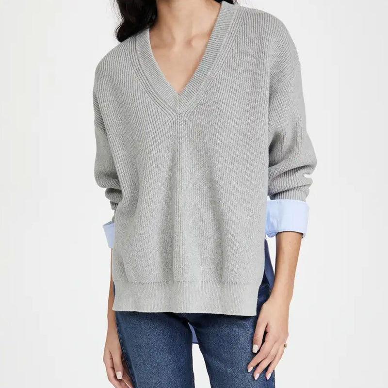 Preppy Rib Knit V Neck Long Sleeve Contrast Layered Pullover Sweater