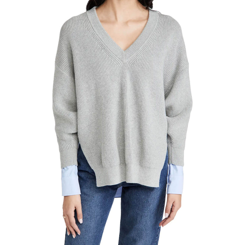 Preppy Rib Knit V Neck Long Sleeve Contrast Layered Pullover Sweater