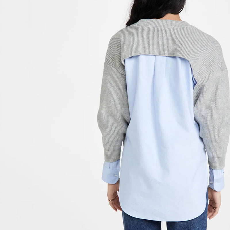 Preppy Rib Knit V Neck Long Sleeve Contrast Layered Pullover Sweater