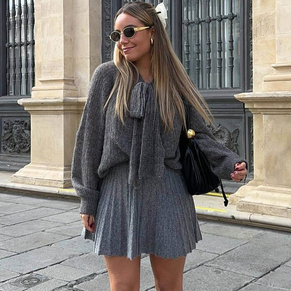 Preppy Style Bow Tie High Neck Bishop Sleeve Open Knit Pullover Sweater