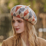Preppy Style Color Panel Rhombus Pattern Wool Blend Beret Hat