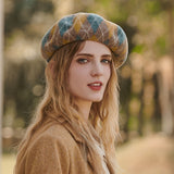 Preppy Style Color Panel Rhombus Pattern Wool Blend Beret Hat