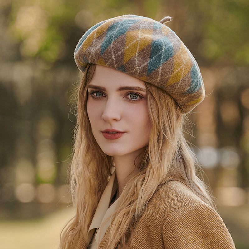 Preppy Style Color Panel Rhombus Pattern Wool Blend Beret Hat