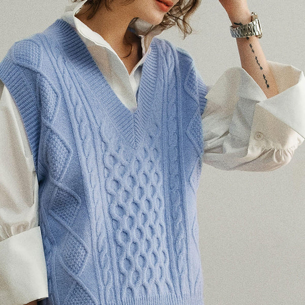 Preppy Style Ribbed V Neck Wool Blend Fisherman Cable Knit Sweater Vest