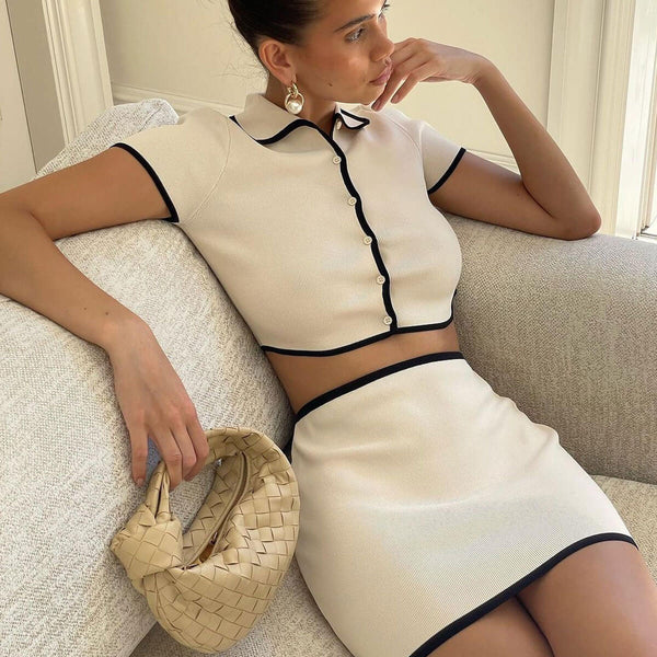 Quiet Luxury Contrast Trim Collared Crop Knit Top and Mini Skirt Matching Set