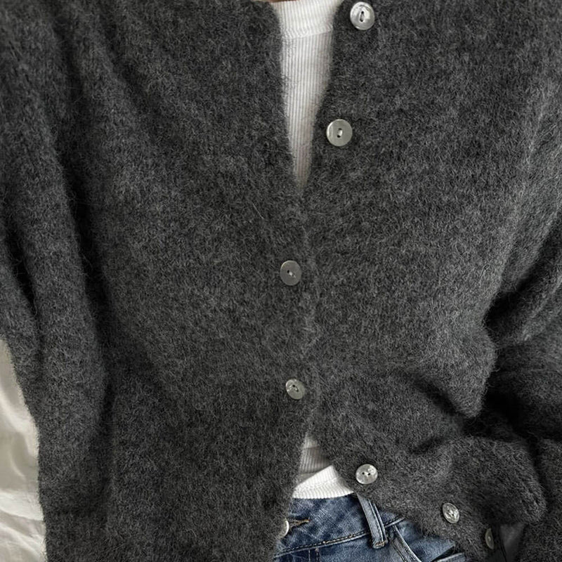 Quiet Luxury Monochrome Crew Neck Button Up Long Sleeve Knit Cardigan